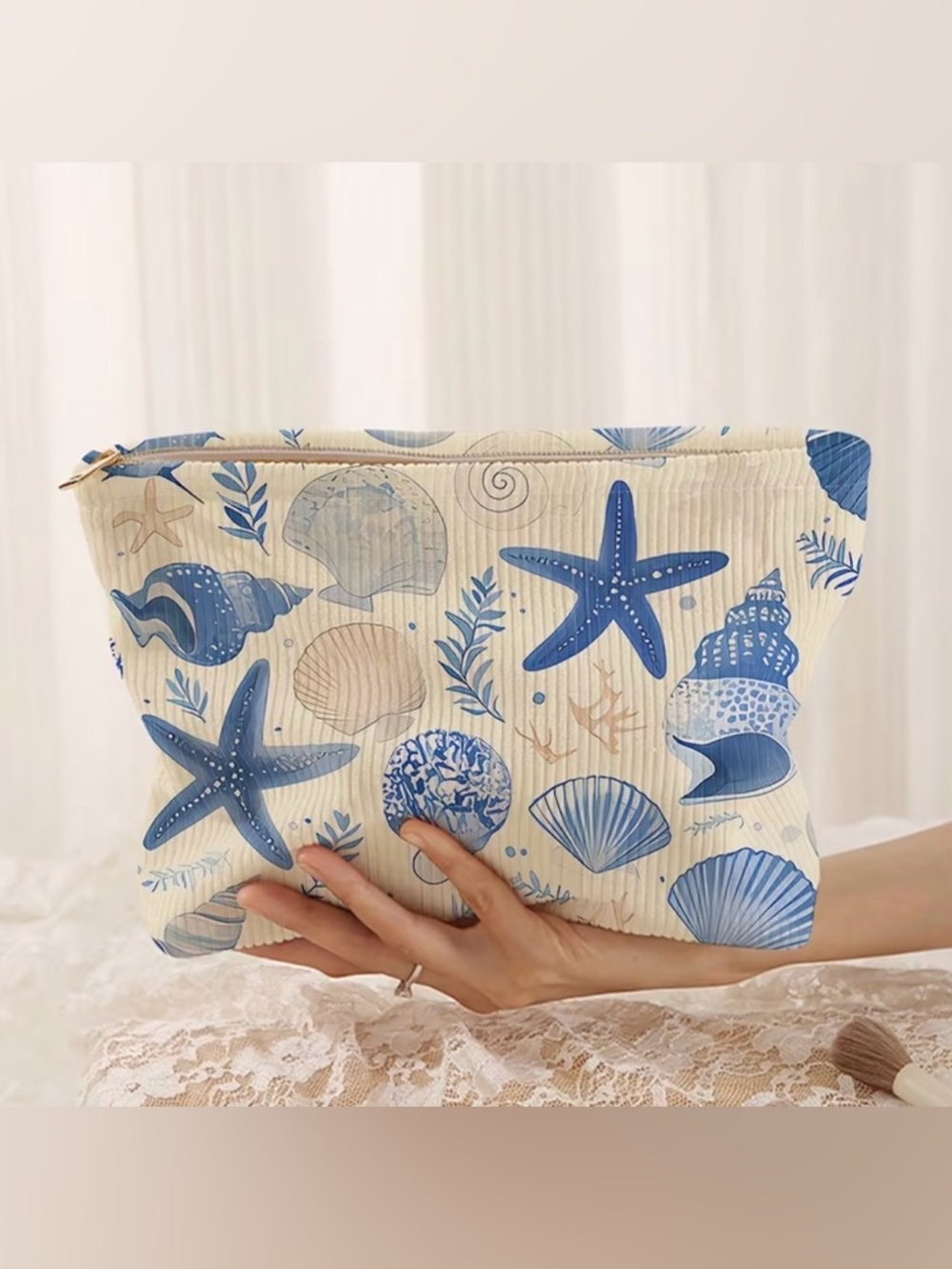 NEW Coastal Seashell Makeup Bag Blue Ocean Print Cosmetic Travel Pouch Zip